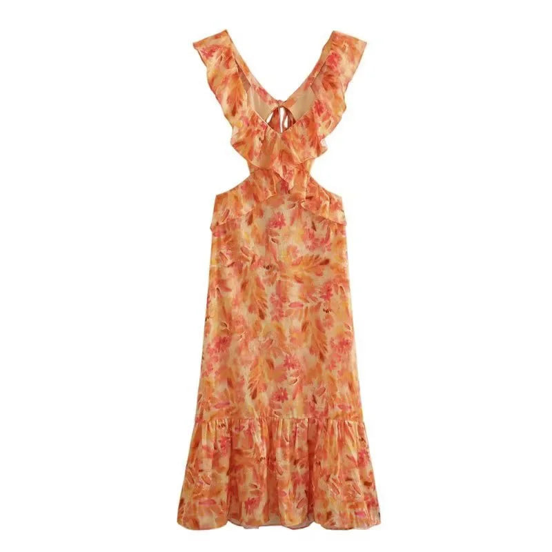Langes Sommerkleid Mit Tiefem V-Ausschnitt Und Rüschen