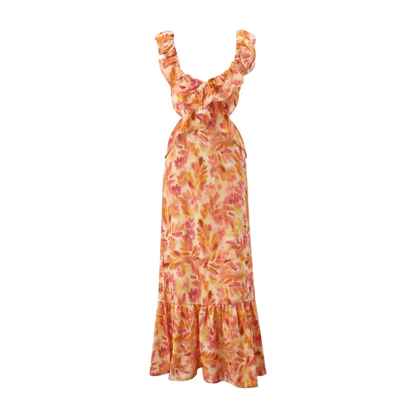 Langes Sommerkleid Mit Tiefem V-Ausschnitt Und Rüschen