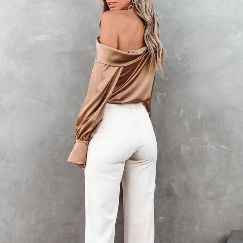 Beige Satinbluse Mit One-Shoulder-Ausschnitt