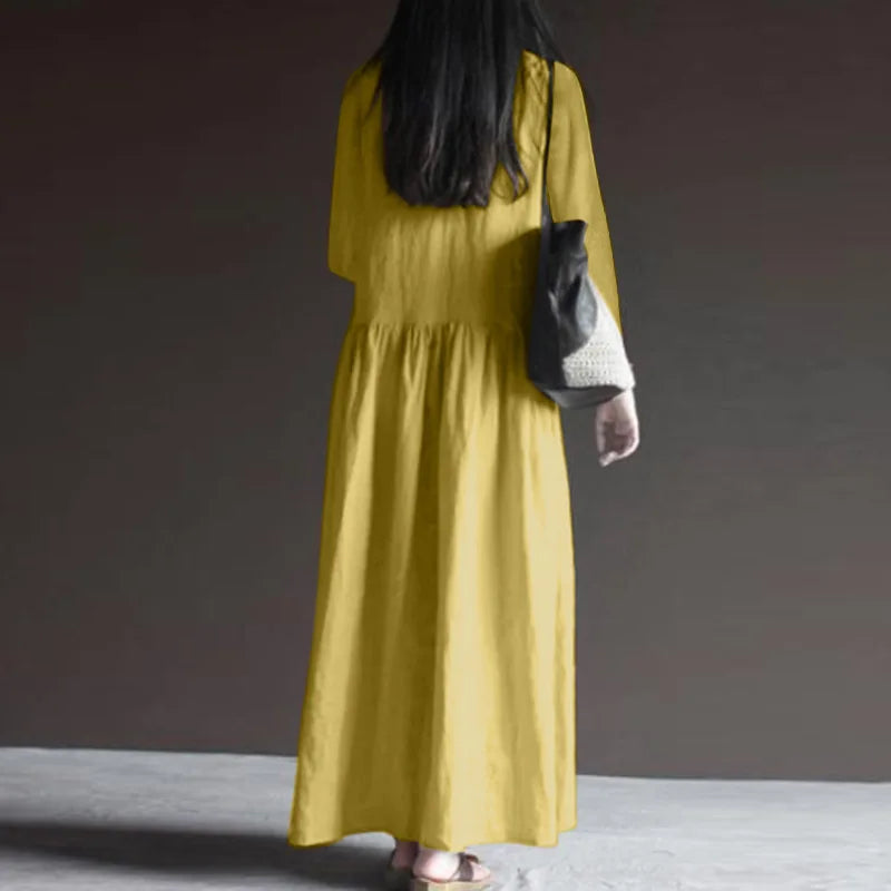Stilvolles, Einfarbiges, Langes Kleid Aus Baumwolle Und Leinen – Maxikleid Mit V-Ausschnitt Und Langen Ärmeln