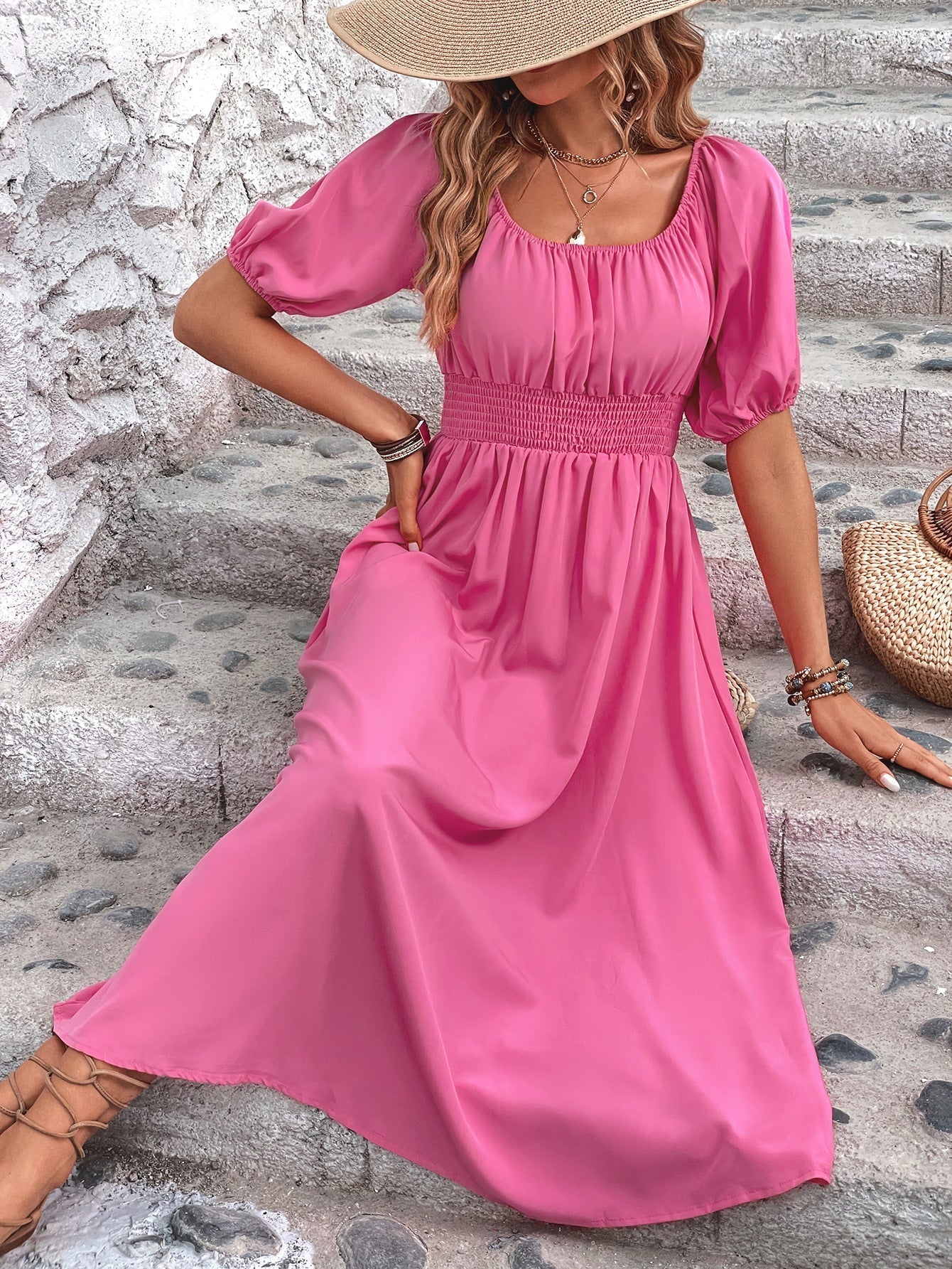 Schulterfreies Rosa Maxikleid