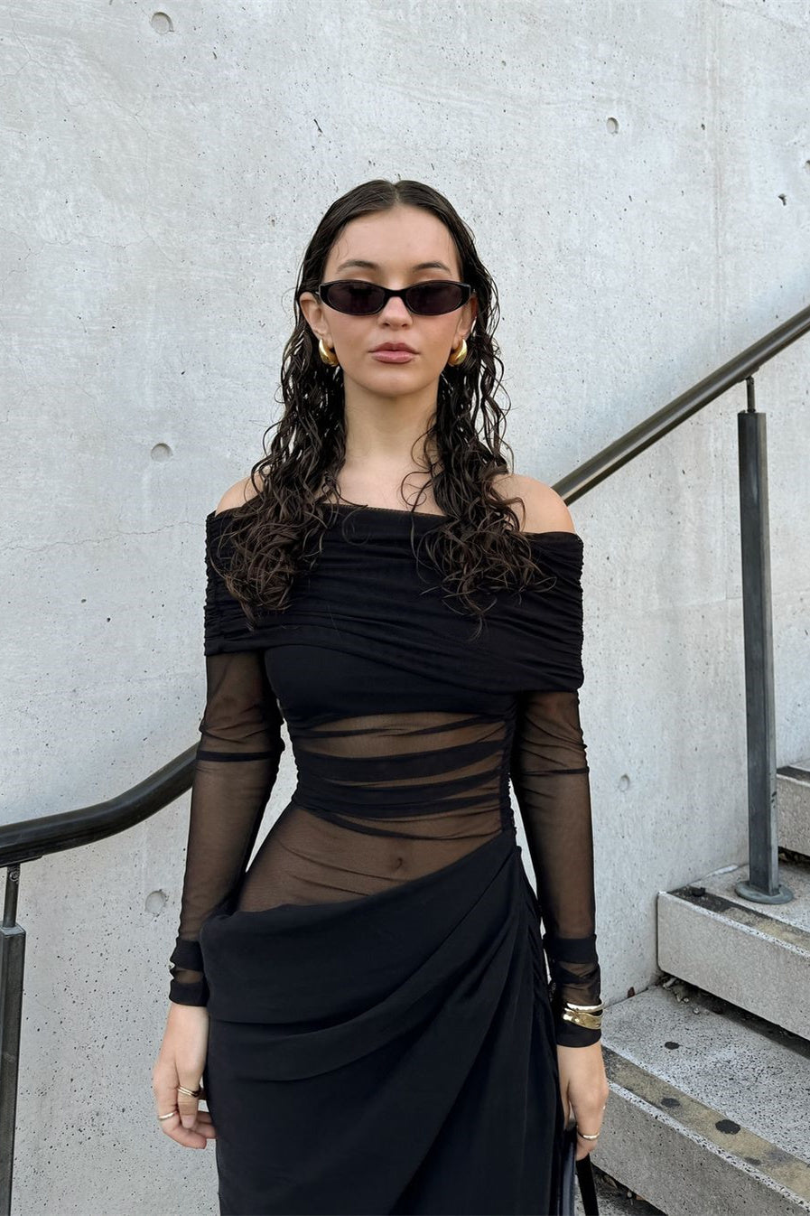 Schulterfreies Transparentes Maxi-Netzkleid