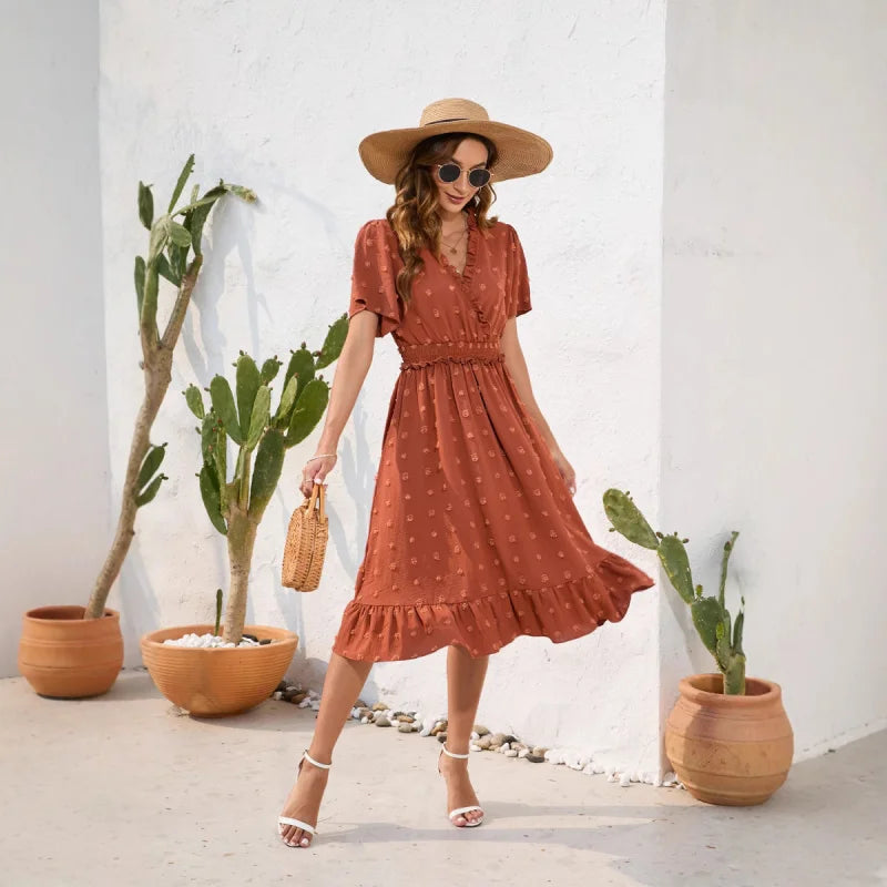 Sommerkleid Mit Hoher Taille Und Kurzen Ärmeln Und Schnürung