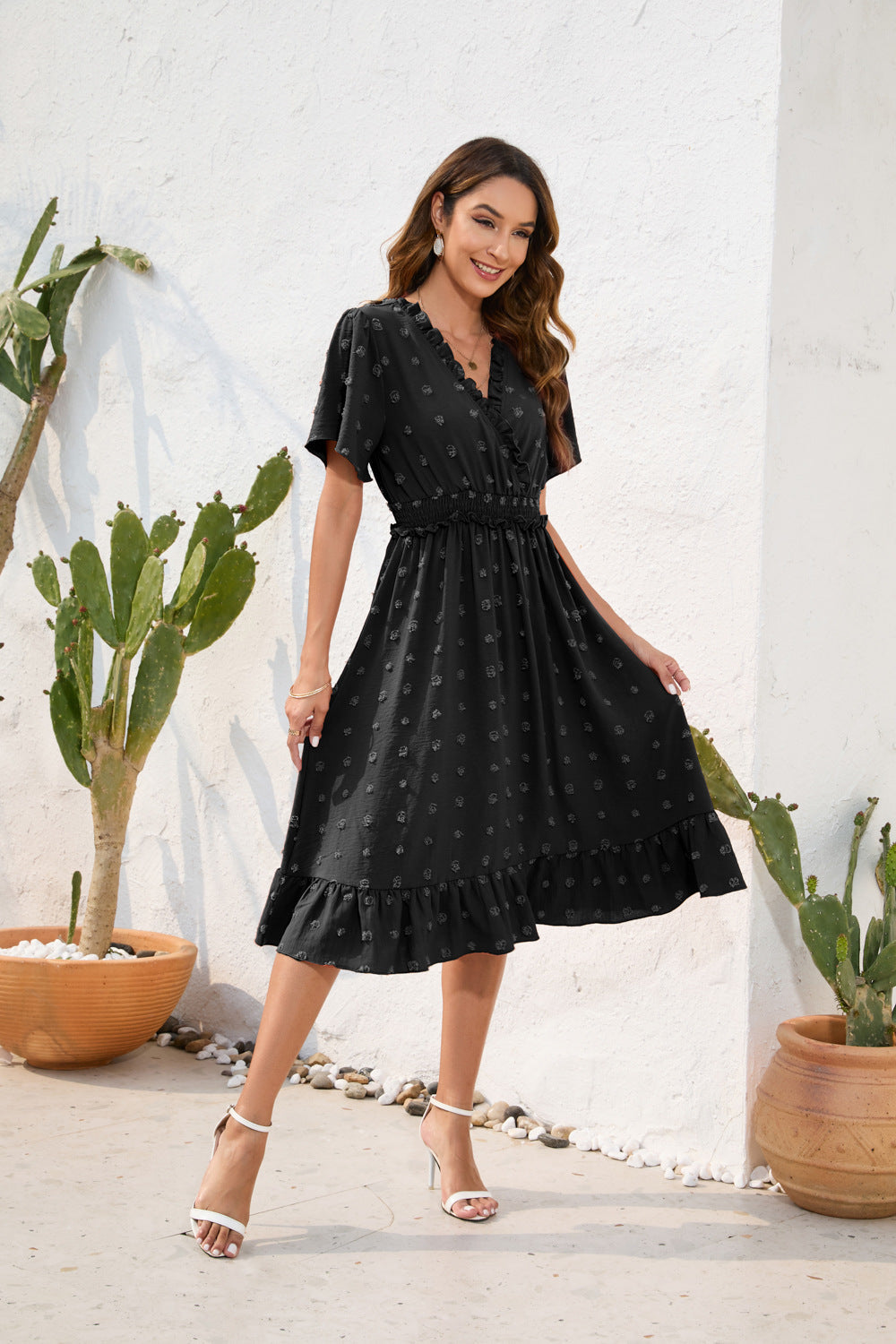 Sommerkleid Mit Hoher Taille Und Kurzen Ärmeln Und Schnürung
