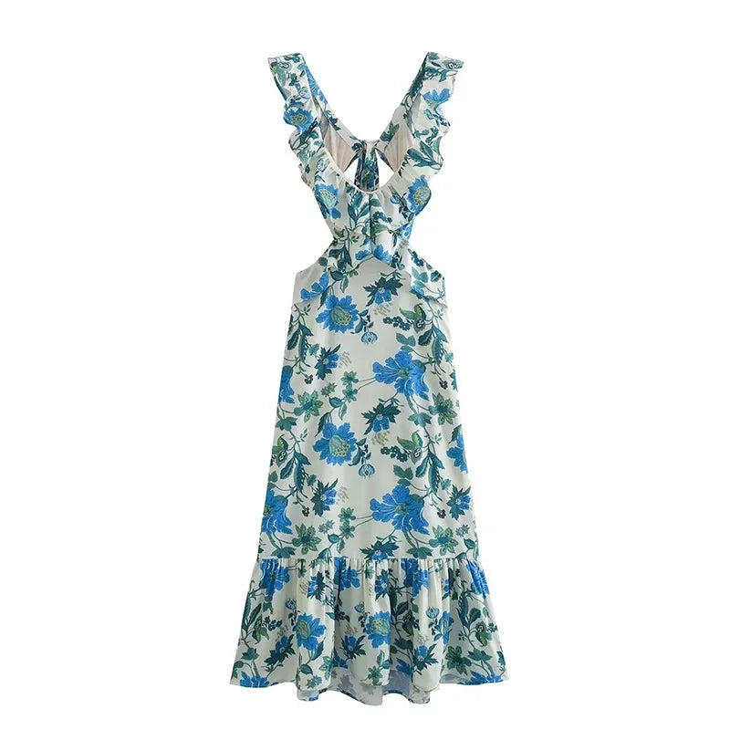 Langes Sommerkleid Mit Tiefem V-Ausschnitt Und Rüschen