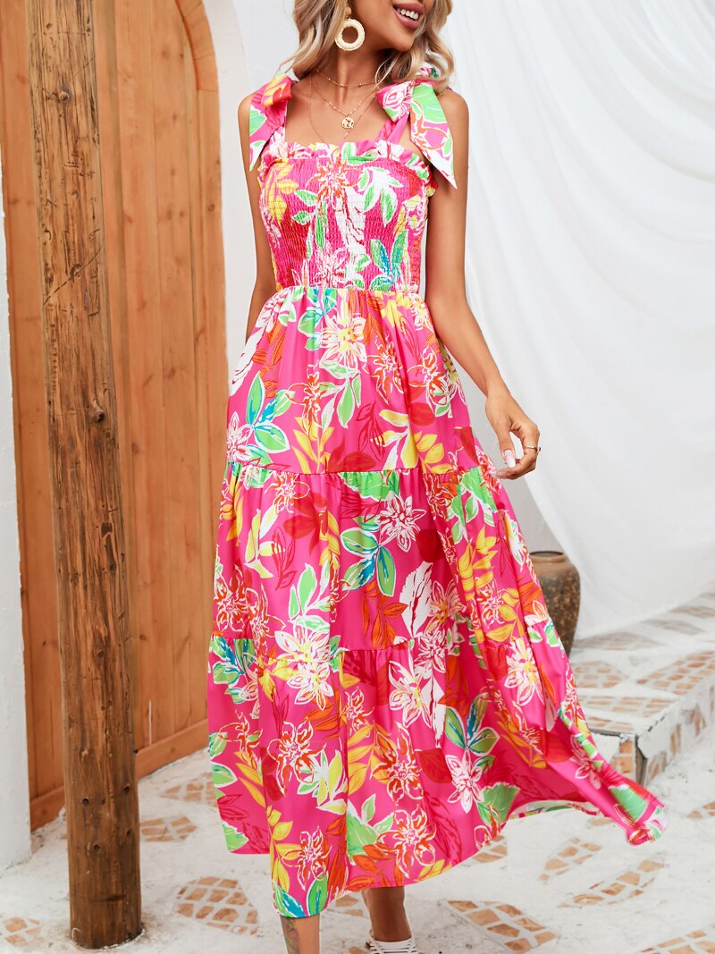 Midikleid Mit Quadratischem Ausschnitt Und Blumenmuster