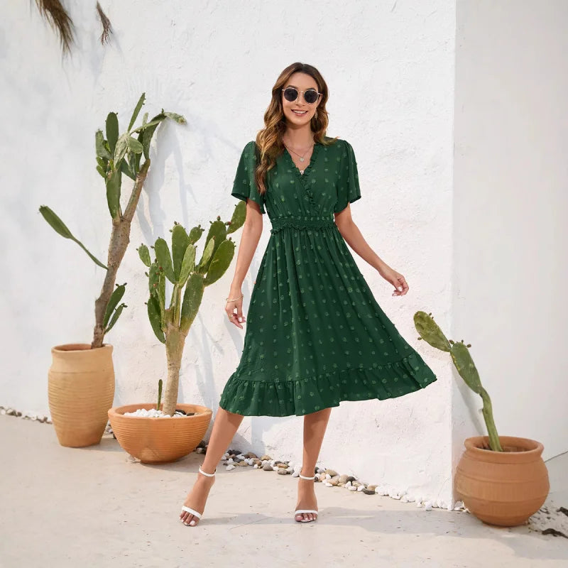Sommerkleid Mit Hoher Taille Und Kurzen Ärmeln Und Schnürung
