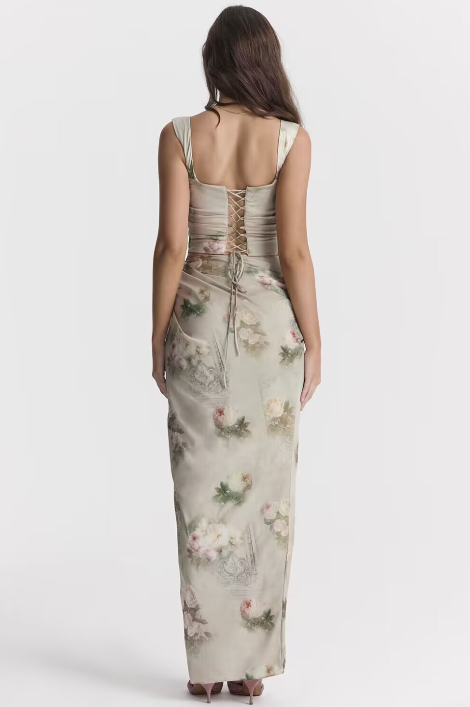 Maxikleid İm Korsett-Stil Mit Blumenmuster Und Schnürung