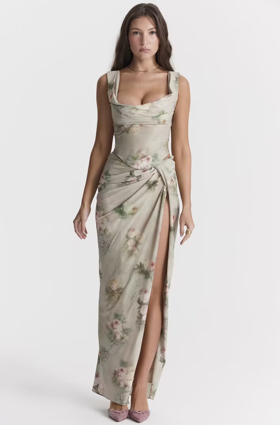 Maxikleid İm Korsett-Stil Mit Blumenmuster Und Schnürung