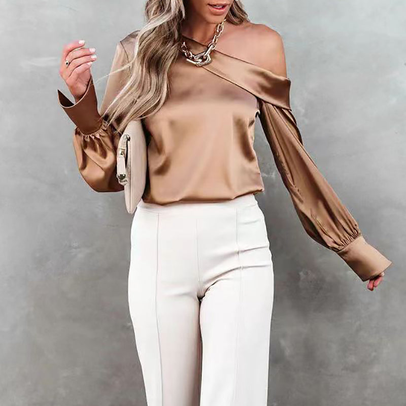 Beige Satinbluse Mit One-Shoulder-Ausschnitt