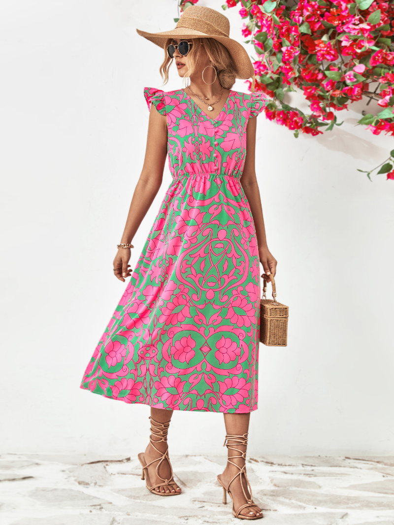 Gemustertes Midikleid Mit V-Ausschnitt