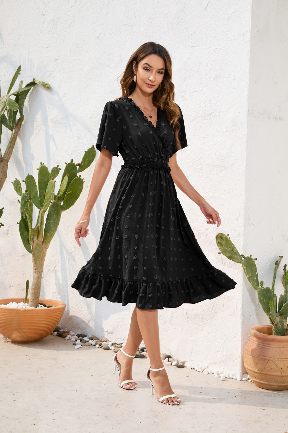Sommerkleid Mit Hoher Taille Und Kurzen Ärmeln Und Schnürung