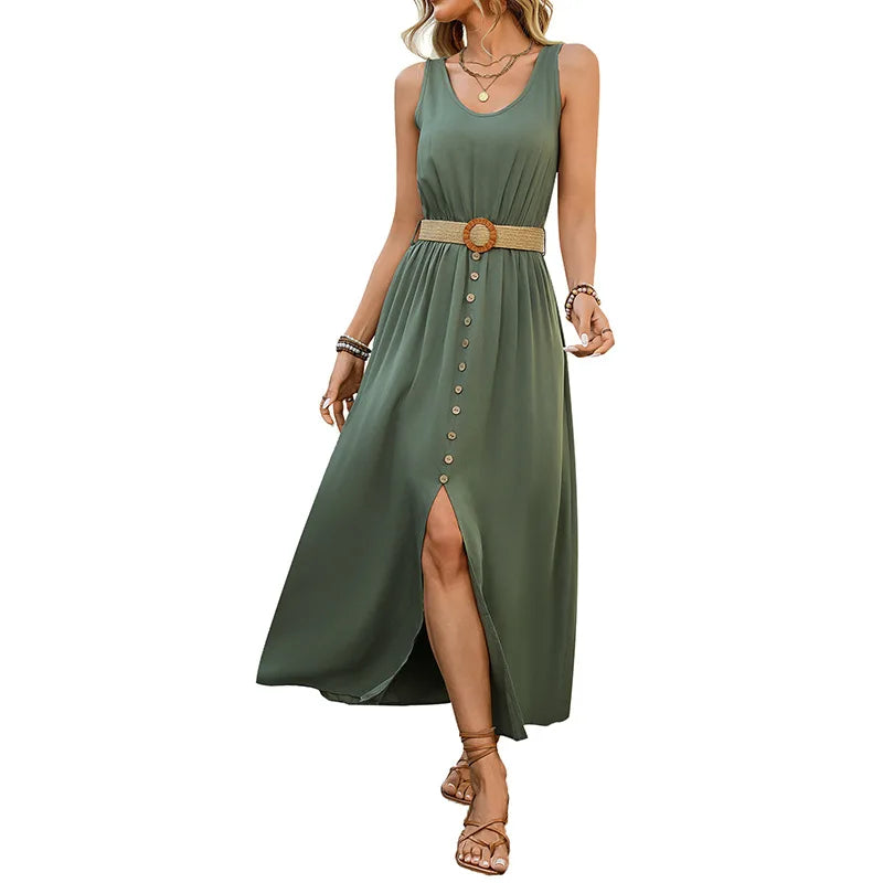 Einfarbiges, Lässiges, Langes Vintage-Midikleid İn A-Linie