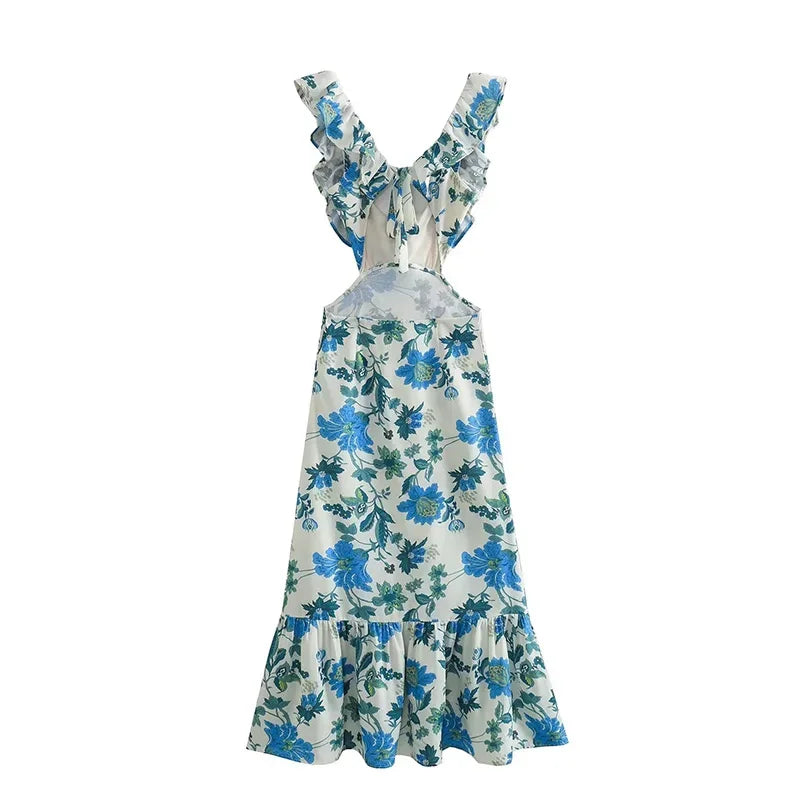 Langes Sommerkleid Mit Tiefem V-Ausschnitt Und Rüschen