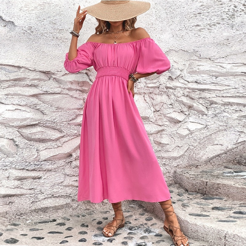 Schulterfreies Rosa Maxikleid
