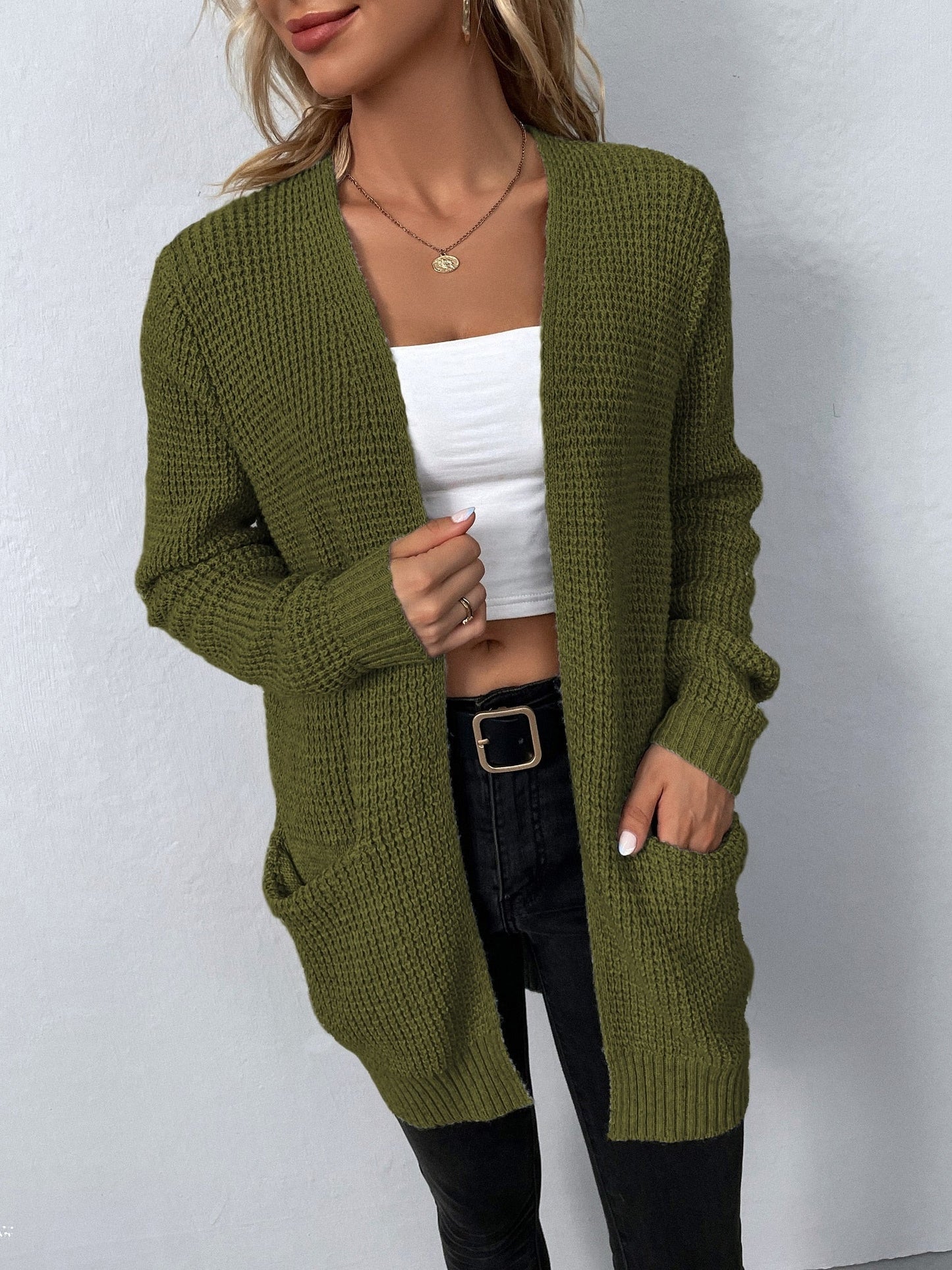 Damen-Cardigan Mit Langen Ärmeln, Taschen Und Offenem Frontdesign