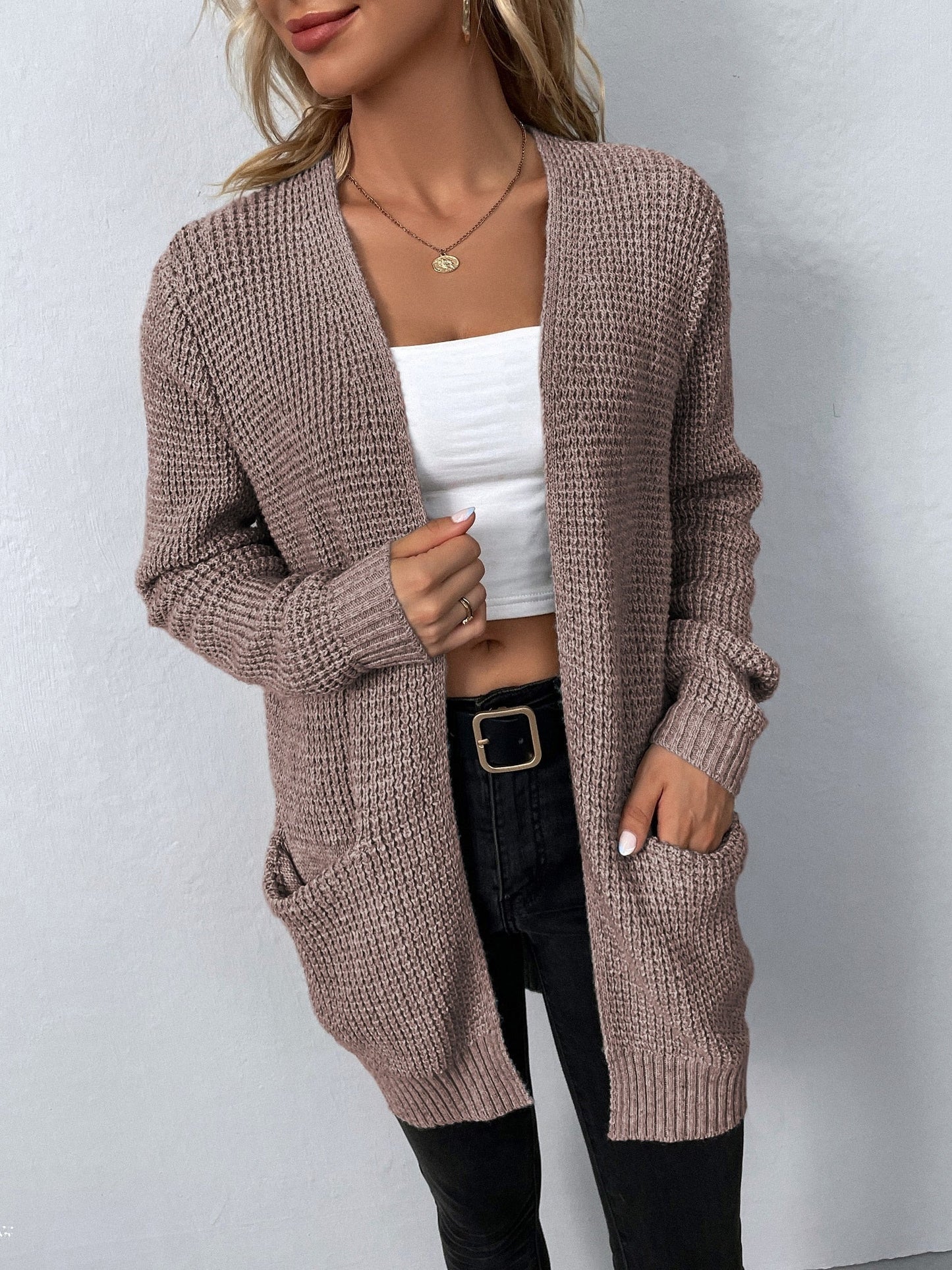 Damen-Cardigan Mit Langen Ärmeln, Taschen Und Offenem Frontdesign