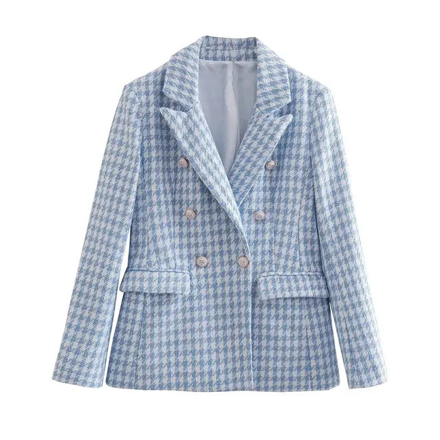 Vintage Hahnentrittmuster Zweireihige Tweed Blazer Jacke - Taschen