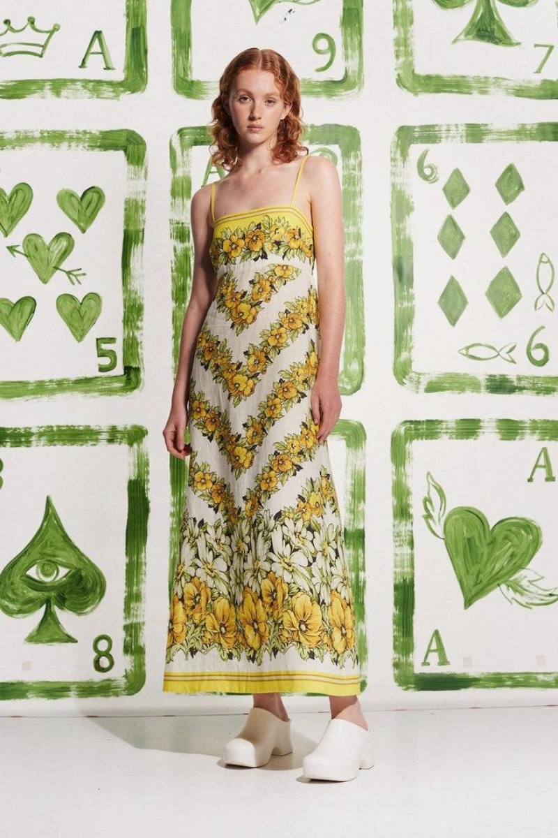 Maxikleid Mit Spaghettiträgern Und Blumenmuster İn Gelb