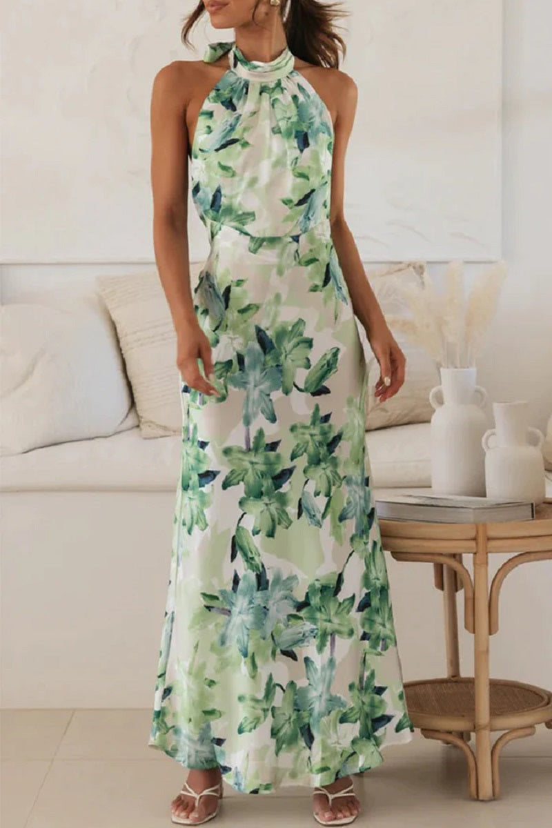 Elegantes Gemustertes Maxikleid Mit Nackenträgern