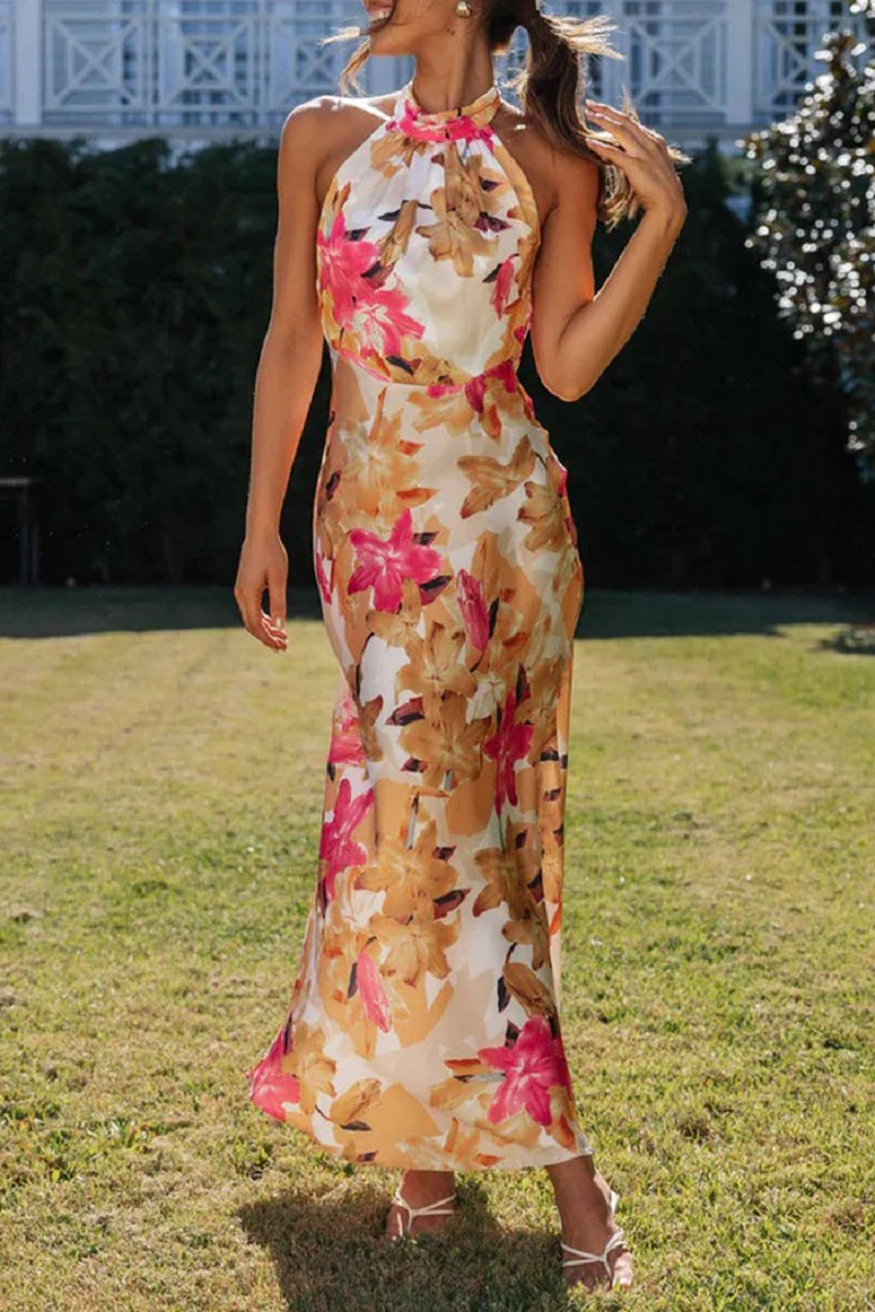 Elegantes Gemustertes Maxikleid Mit Nackenträgern