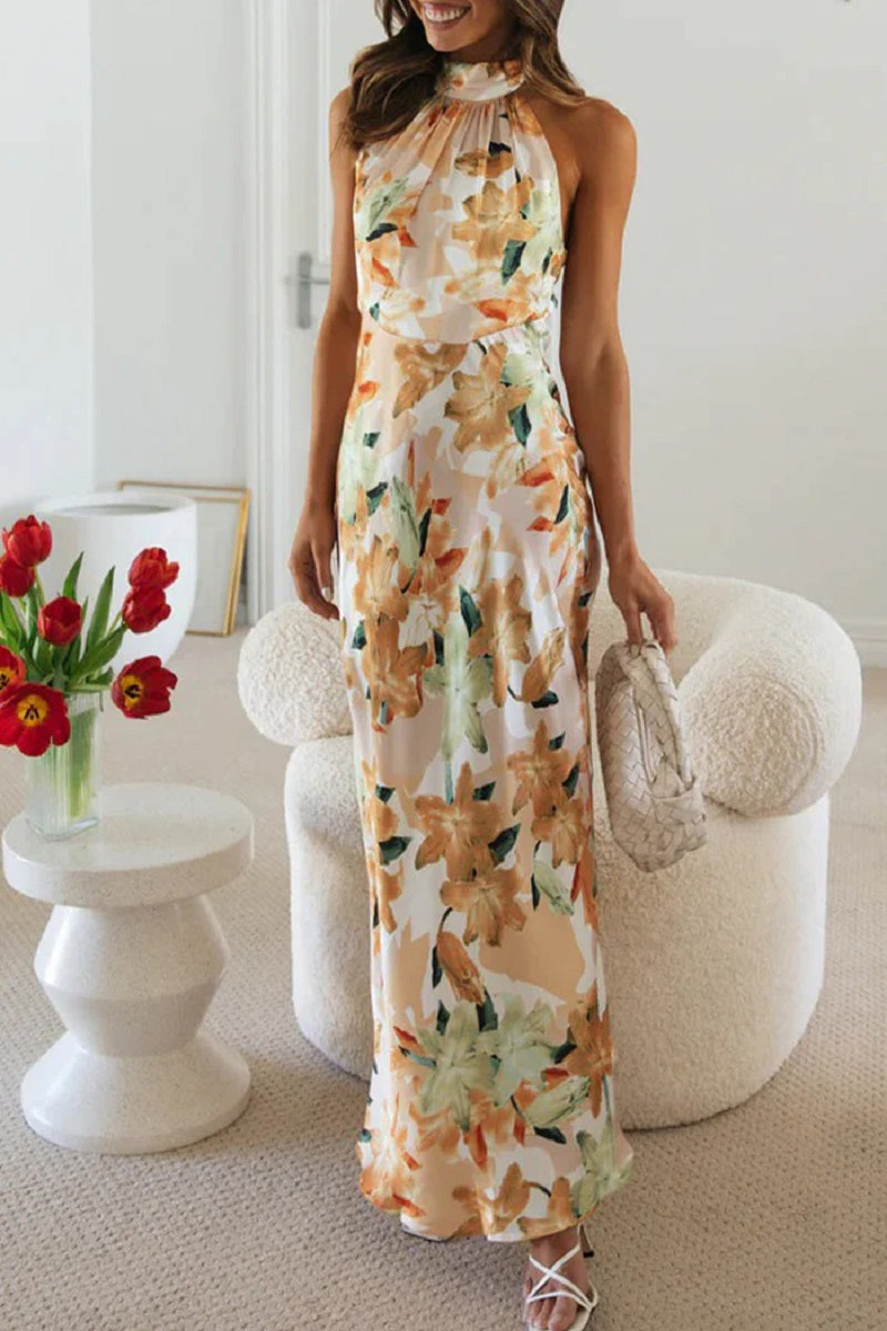 Elegantes Gemustertes Maxikleid Mit Nackenträgern