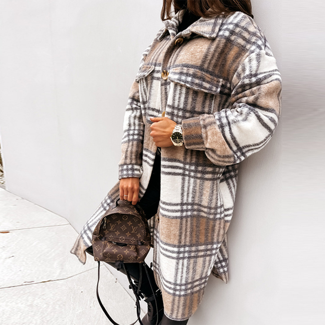Elegante Karojacke İm Longshirt-Stil Für Damen