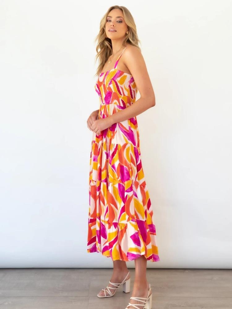 Gemustertes, Plissiertes Maxi-Sommerkleid Mit Lagenmuster