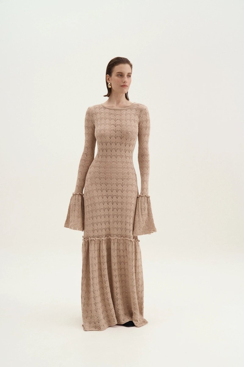 Maxi-Strickkleid Mit Rundhalsausschnitt, Volant Und Bündchen
