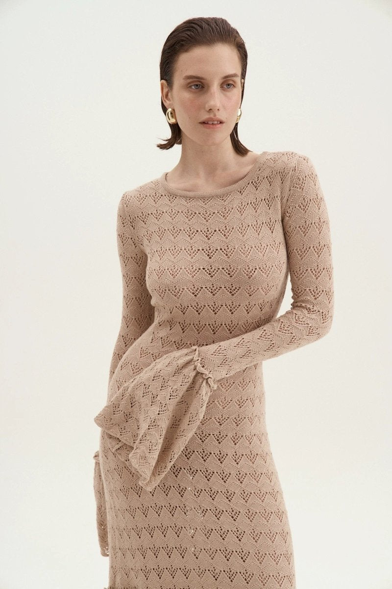 Maxi-Strickkleid Mit Rundhalsausschnitt, Volant Und Bündchen