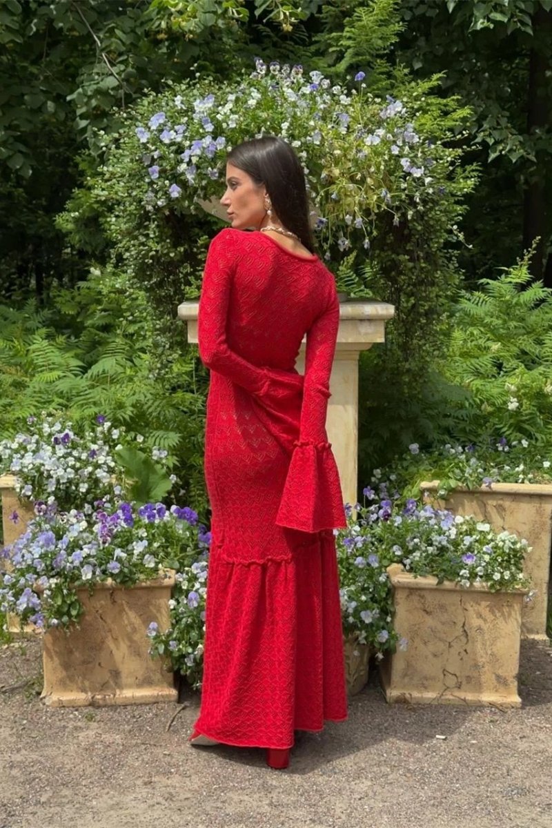 Maxi-Strickkleid Mit Rundhalsausschnitt, Volant Und Bündchen