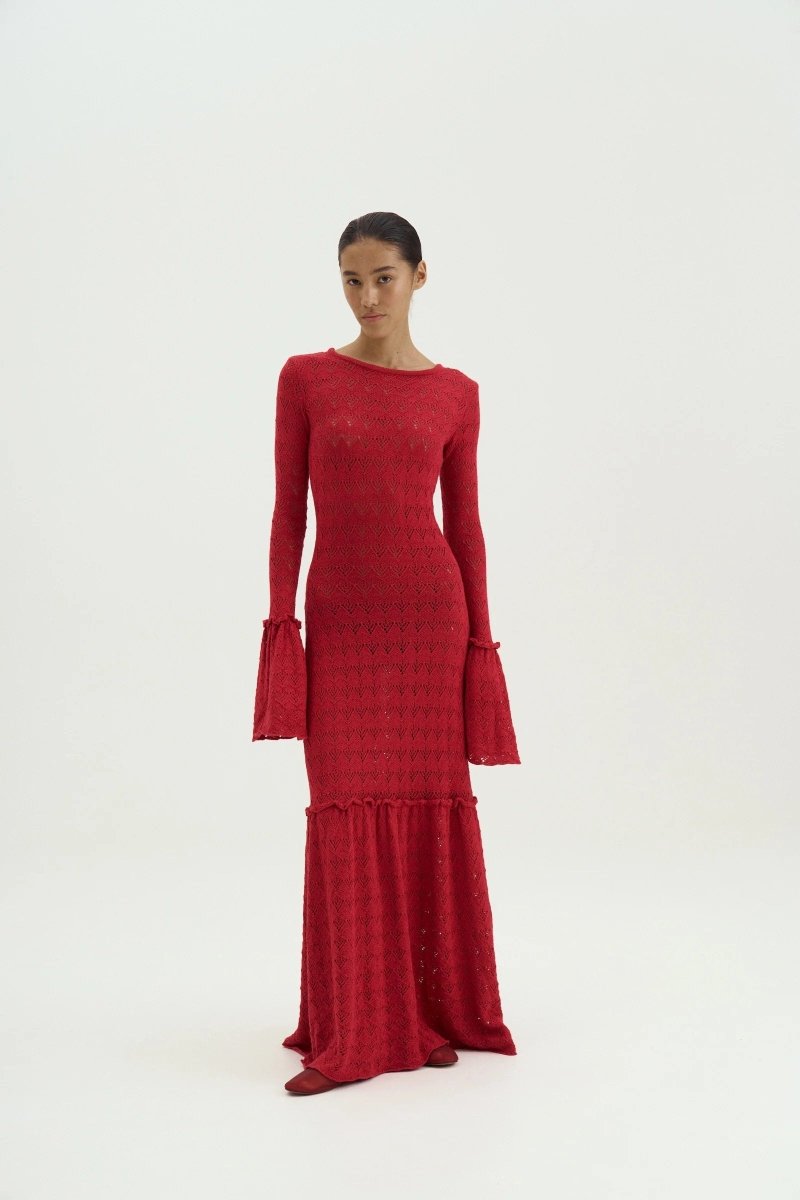 Maxi-Strickkleid Mit Rundhalsausschnitt, Volant Und Bündchen