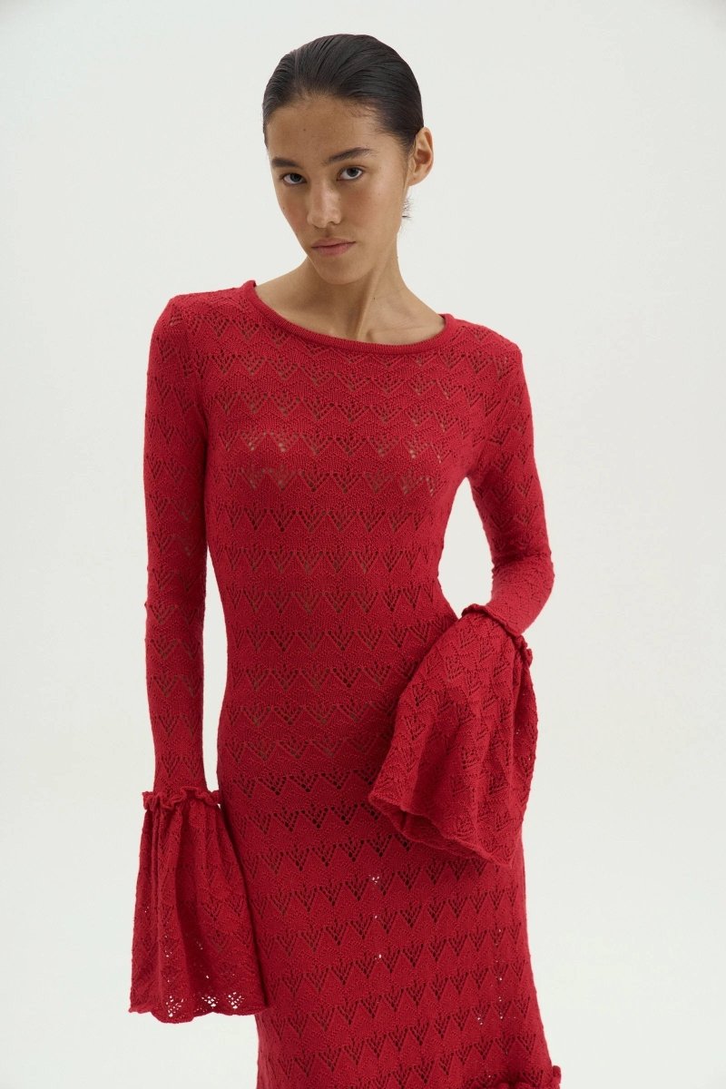 Maxi-Strickkleid Mit Rundhalsausschnitt, Volant Und Bündchen