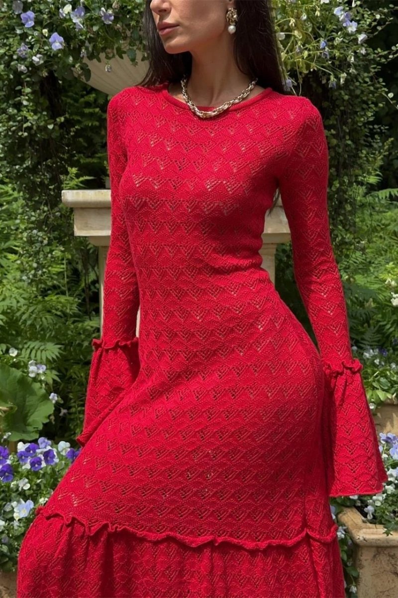 Maxi-Strickkleid Mit Rundhalsausschnitt, Volant Und Bündchen