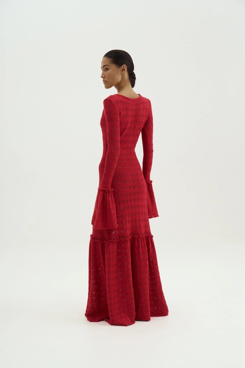 Maxi-Strickkleid Mit Rundhalsausschnitt, Volant Und Bündchen