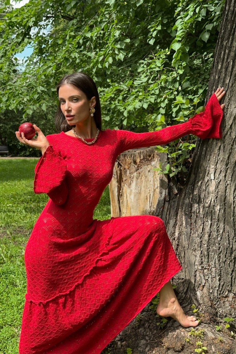 Maxi-Strickkleid Mit Rundhalsausschnitt, Volant Und Bündchen