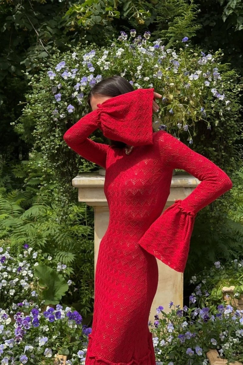 Maxi-Strickkleid Mit Rundhalsausschnitt, Volant Und Bündchen