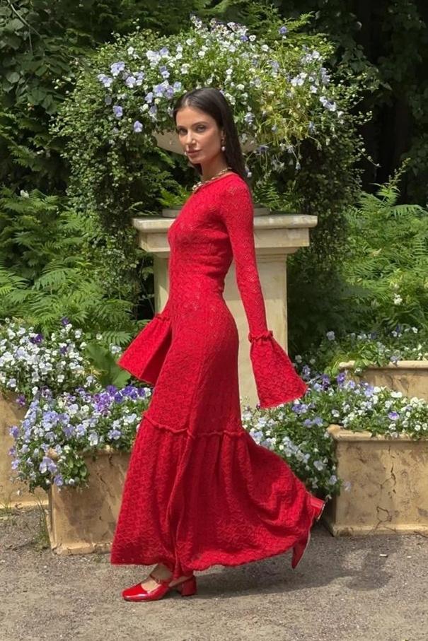 Maxi-Strickkleid Mit Rundhalsausschnitt, Volant Und Bündchen