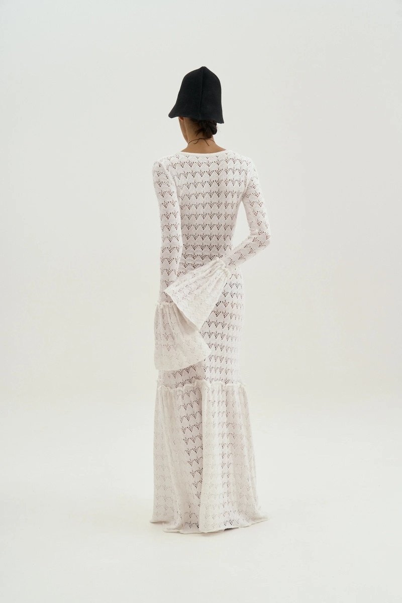 Maxi-Strickkleid Mit Rundhalsausschnitt, Volant Und Bündchen