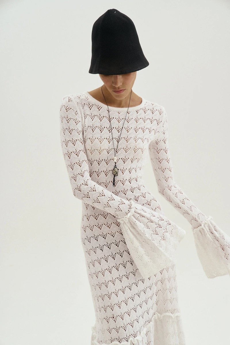 Maxi-Strickkleid Mit Rundhalsausschnitt, Volant Und Bündchen