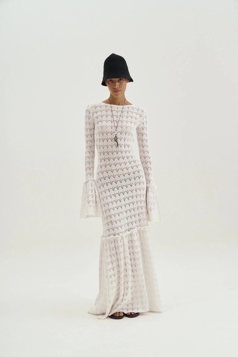 Maxi-Strickkleid Mit Rundhalsausschnitt, Volant Und Bündchen