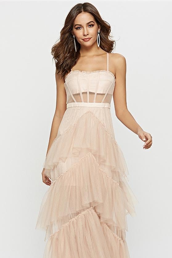 Maxi-Unterkleid Aus Netzstoff Mit Mehrlagigem Oberteil