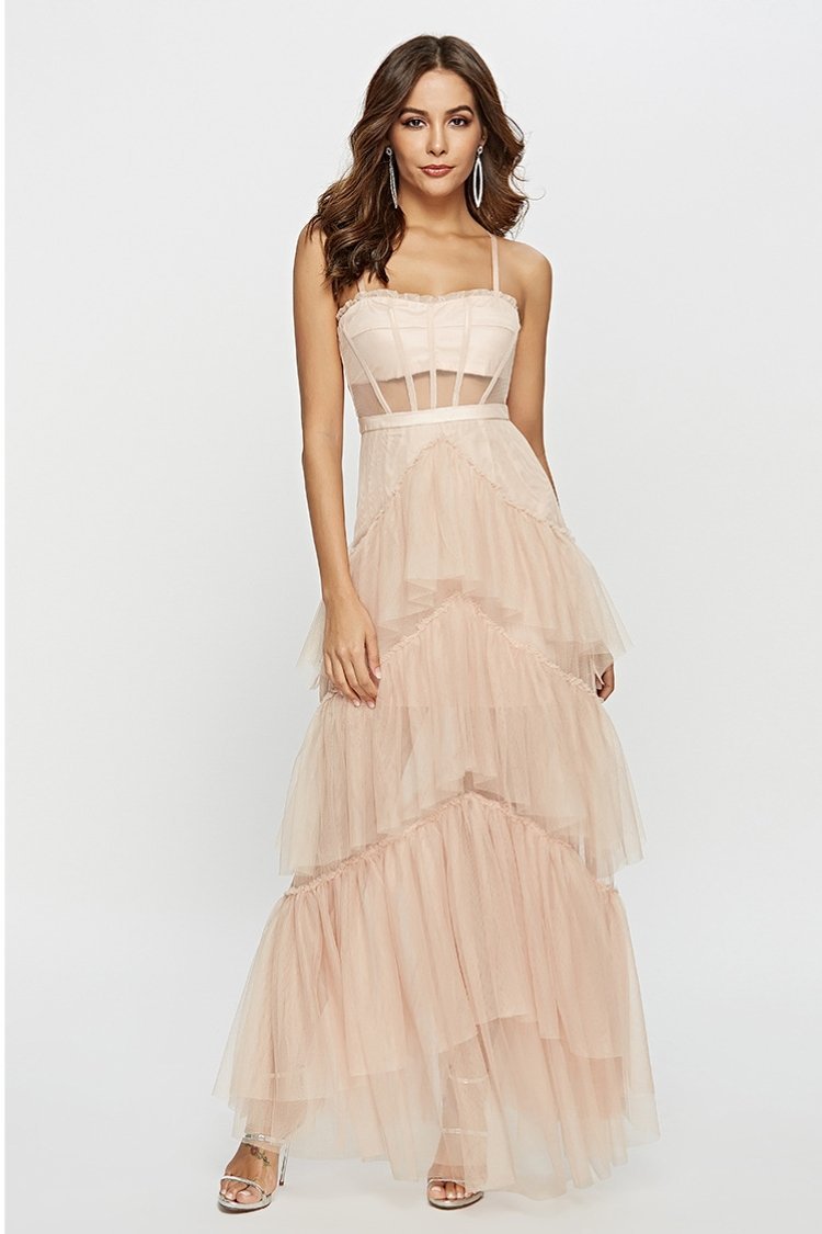 Maxi-Unterkleid Aus Netzstoff Mit Mehrlagigem Oberteil