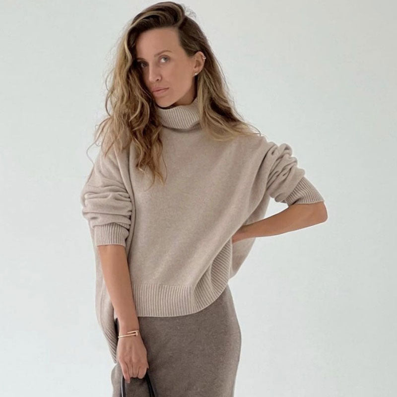 Asymmetrischer, Hochgeschlossener, Langärmliger Oversize-Pullover Mit Rippenbesatz - Karamell