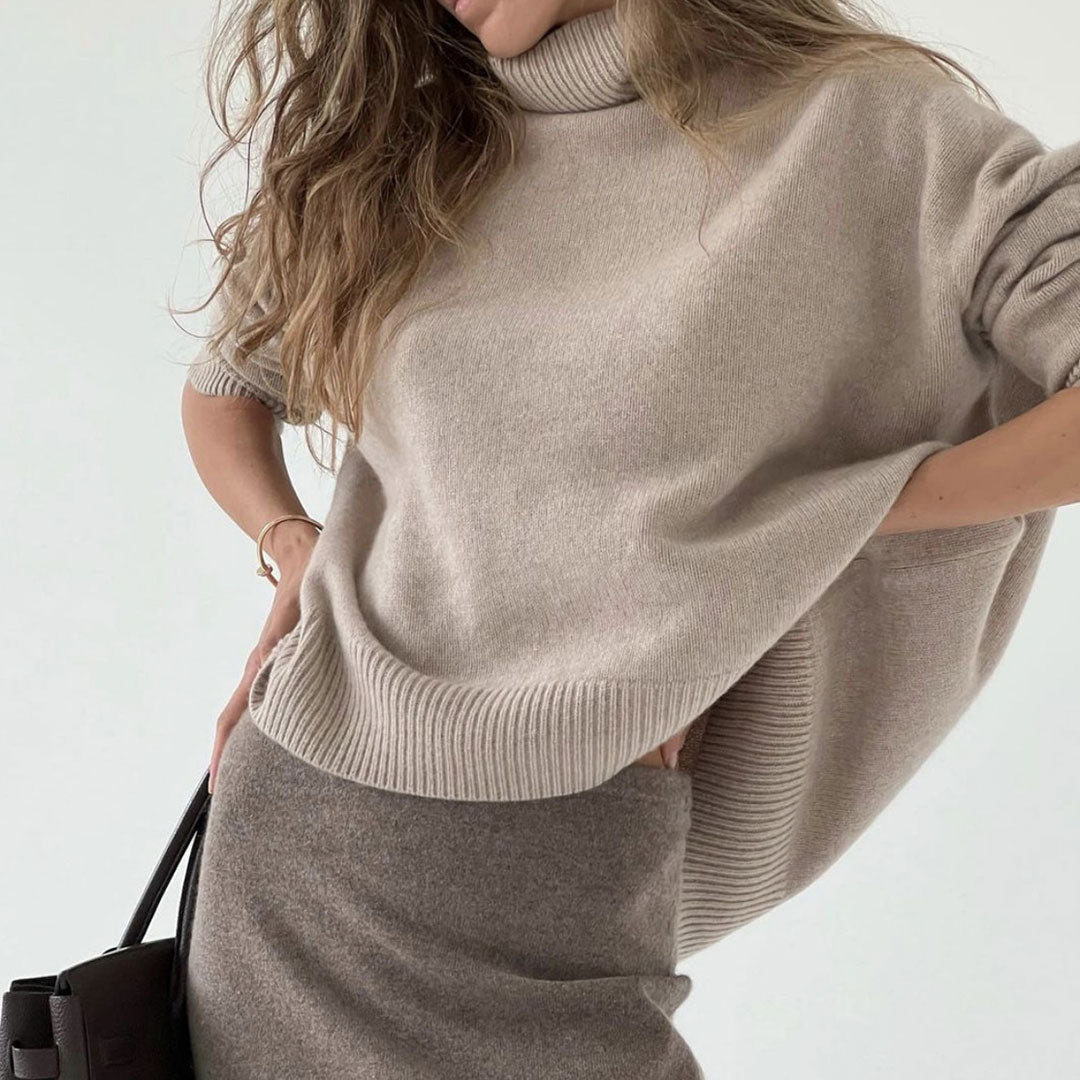 Asymmetrischer, Hochgeschlossener, Langärmliger Oversize-Pullover Mit Rippenbesatz - Karamell