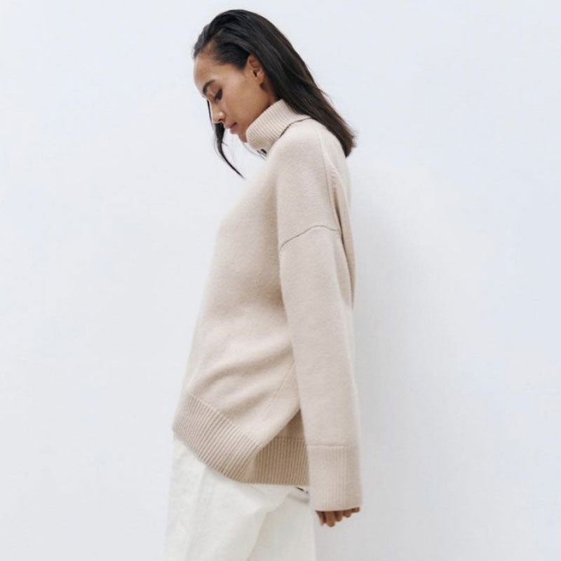 Asymmetrischer, Hochgeschlossener, Langärmliger Oversize-Pullover Mit Rippenbesatz - Karamell