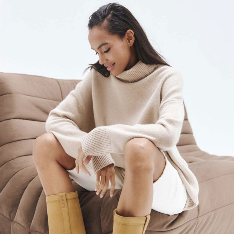 Asymmetrischer, Hochgeschlossener, Langärmliger Oversize-Pullover Mit Rippenbesatz - Karamell