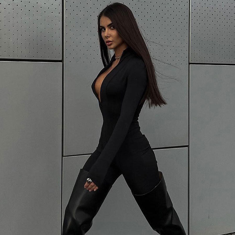 Sportlicher Schwarzer Jersey-Jumpsuit Mit Halbkragen Und Reißverschluss Und Langen Ärmeln