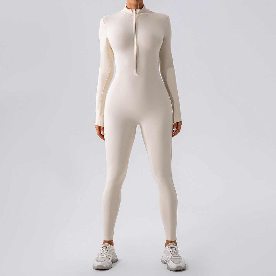 Beigefarbener, Sportlicher Yoga-Jumpsuit Mit Halbem Kragen Und Reißverschluss Und Langen Ärmeln