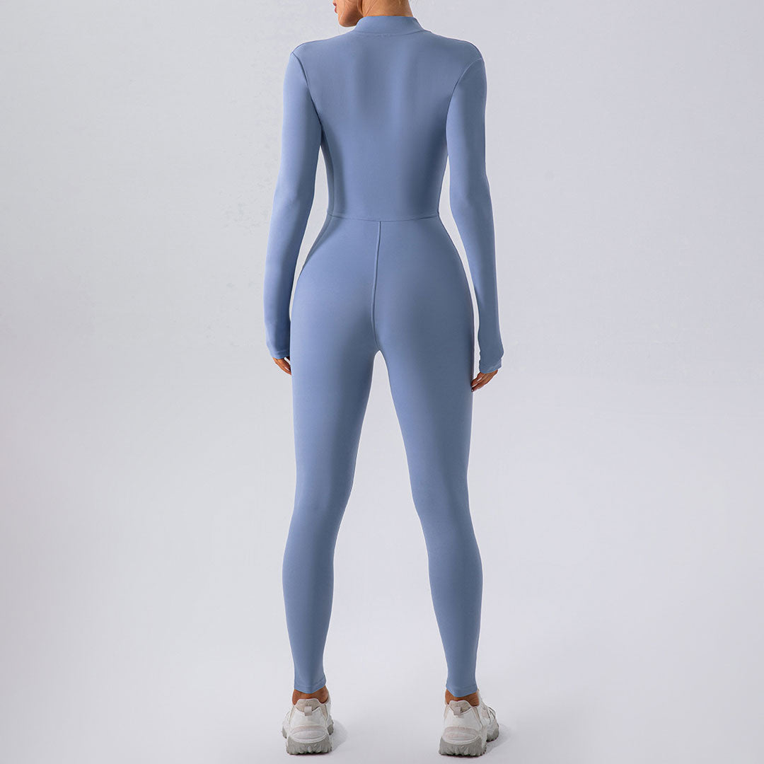 Puderblauer, Sportlicher Yoga-Jumpsuit Mit Hohem Halsausschnitt Und Reißverschluss Und Langen Ärmeln İn Schmaler Passform